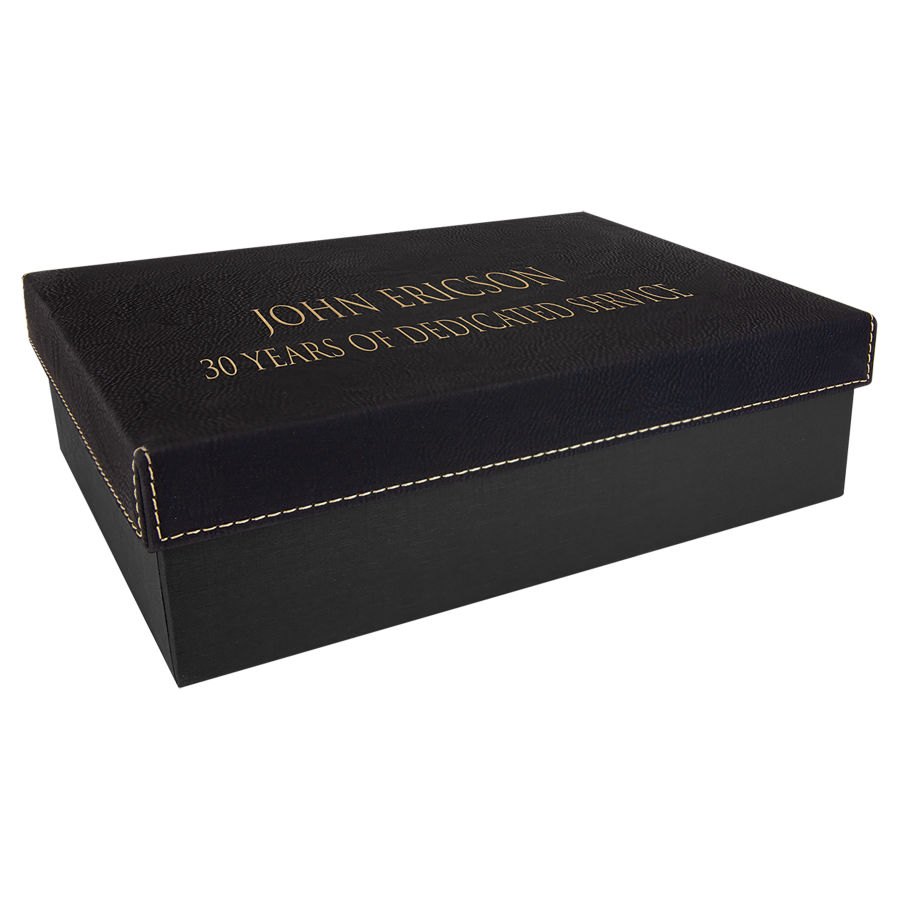 Engraved Gift Box with Leatherette Lid - Black/Gold / 9 7/8 x 7 1/8 x 3 in