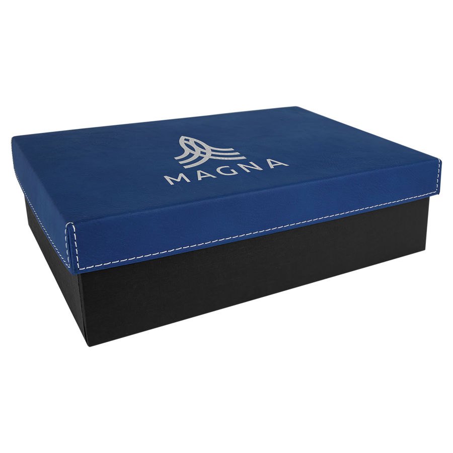 Engraved Gift Box with Leatherette Lid - Blue/Silver / 9 7/8 x 7 1/8 x 3 in
