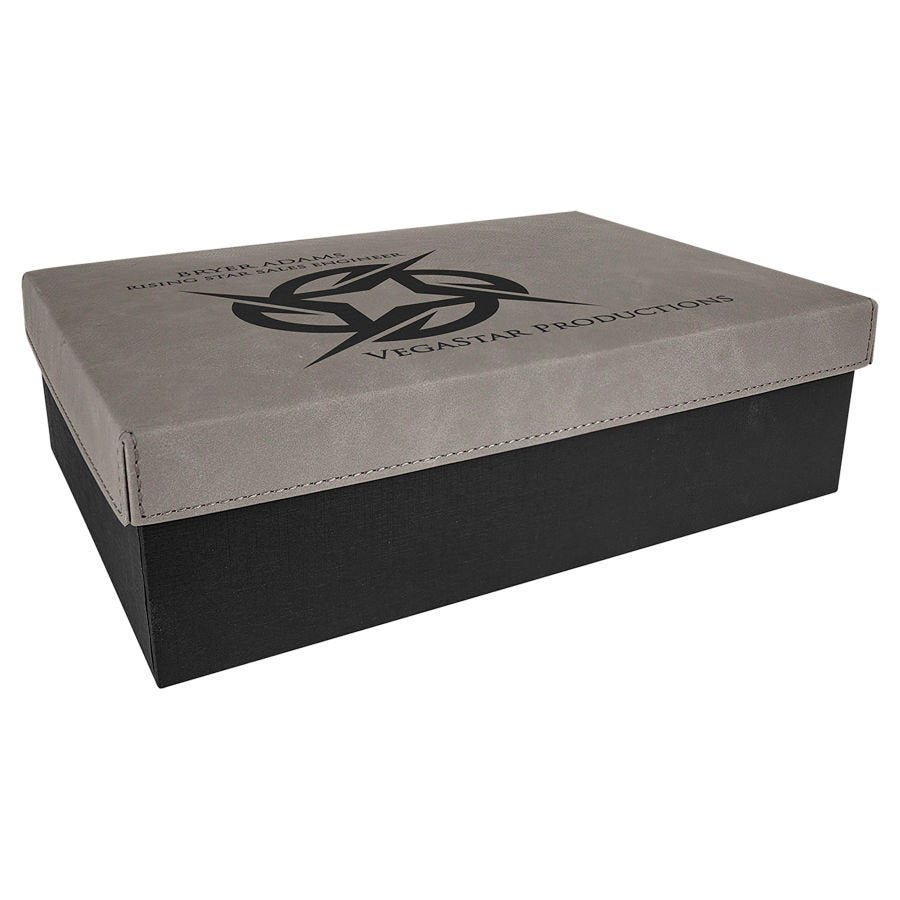 Engraved Gift Box with Leatherette Lid - Gray / 11 3/4 x 7 3/4 x 3 1/4 in