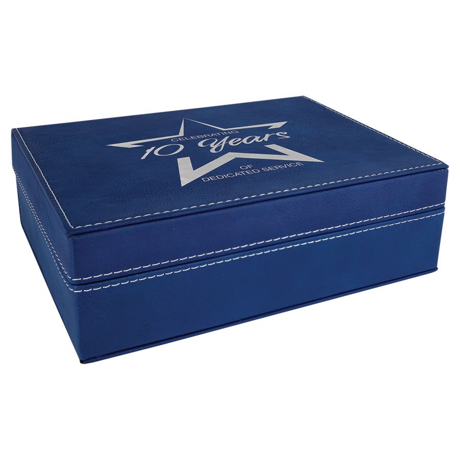Engraved Leatherette Premium Gift Box - Blue/Silver / 8 x 6 3/8 x 2 in