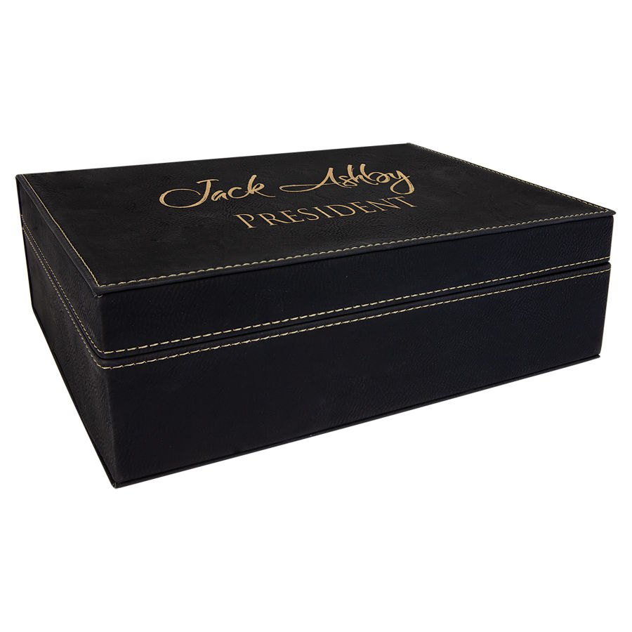 Engraved Leatherette Premium Gift Box - Black/Gold / 10 1/4 x 7 1/2 x 3 3/8 in
