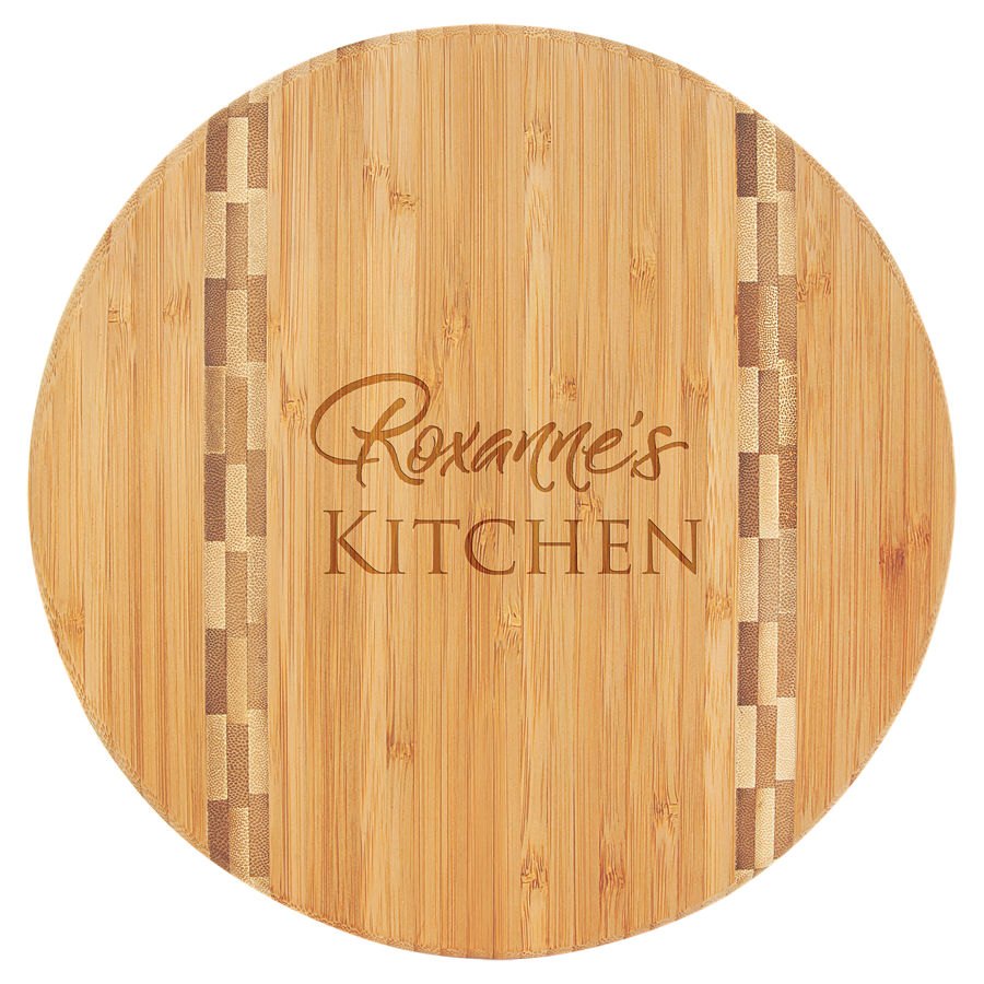 Engraved Round Bamboo Cutting Board with Butcher Block Inlay - 9 3/4 in dia.