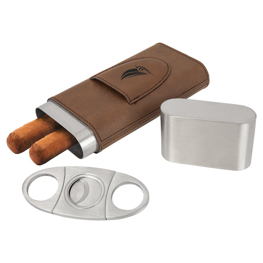 Engraved Leatherette Cigar Case with Cutter - Dark Brown