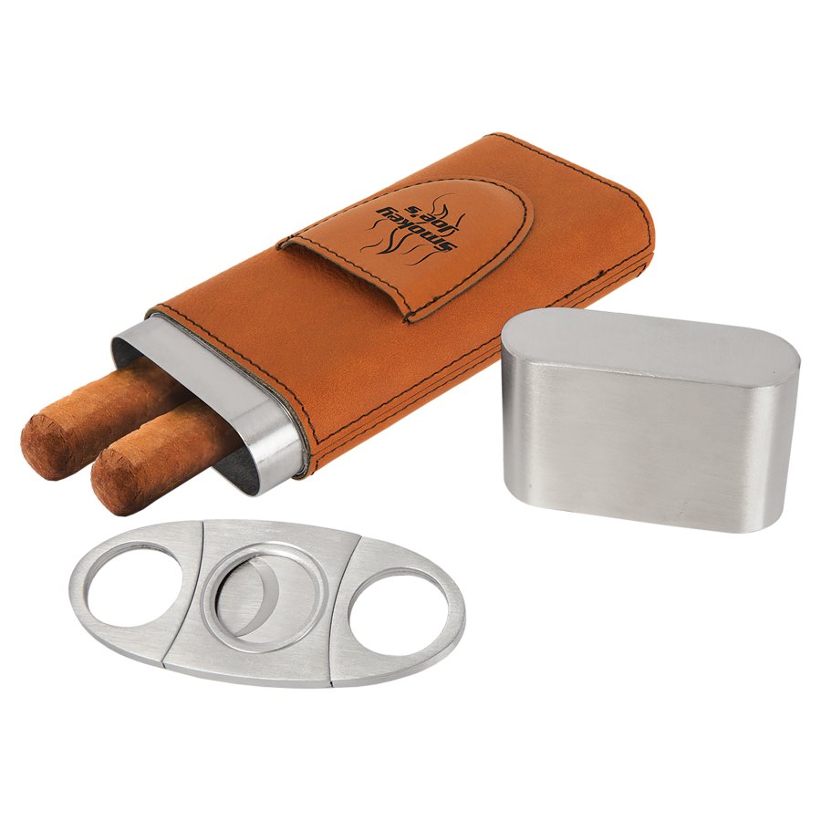 Engraved Leatherette Cigar Case with Cutter - Rawhide