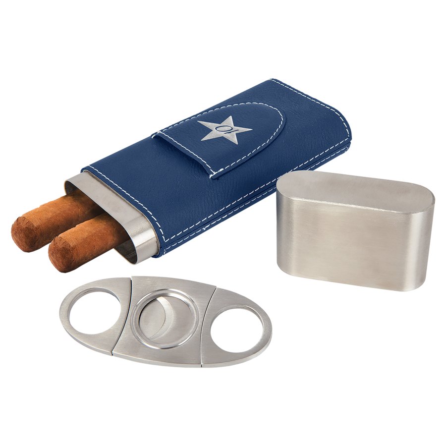 Engraved Leatherette Cigar Case with Cutter - Blue/Silver