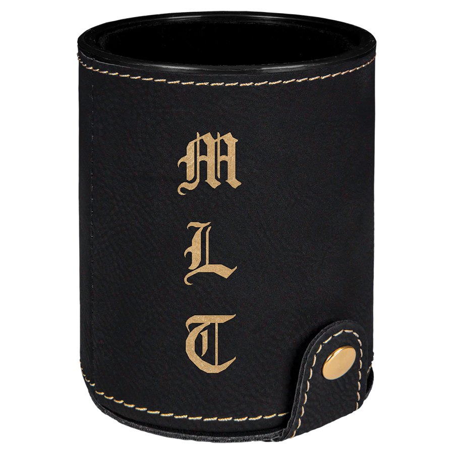 Engraved Leatherette Dice Cup with 5 Dice - Black/Gold