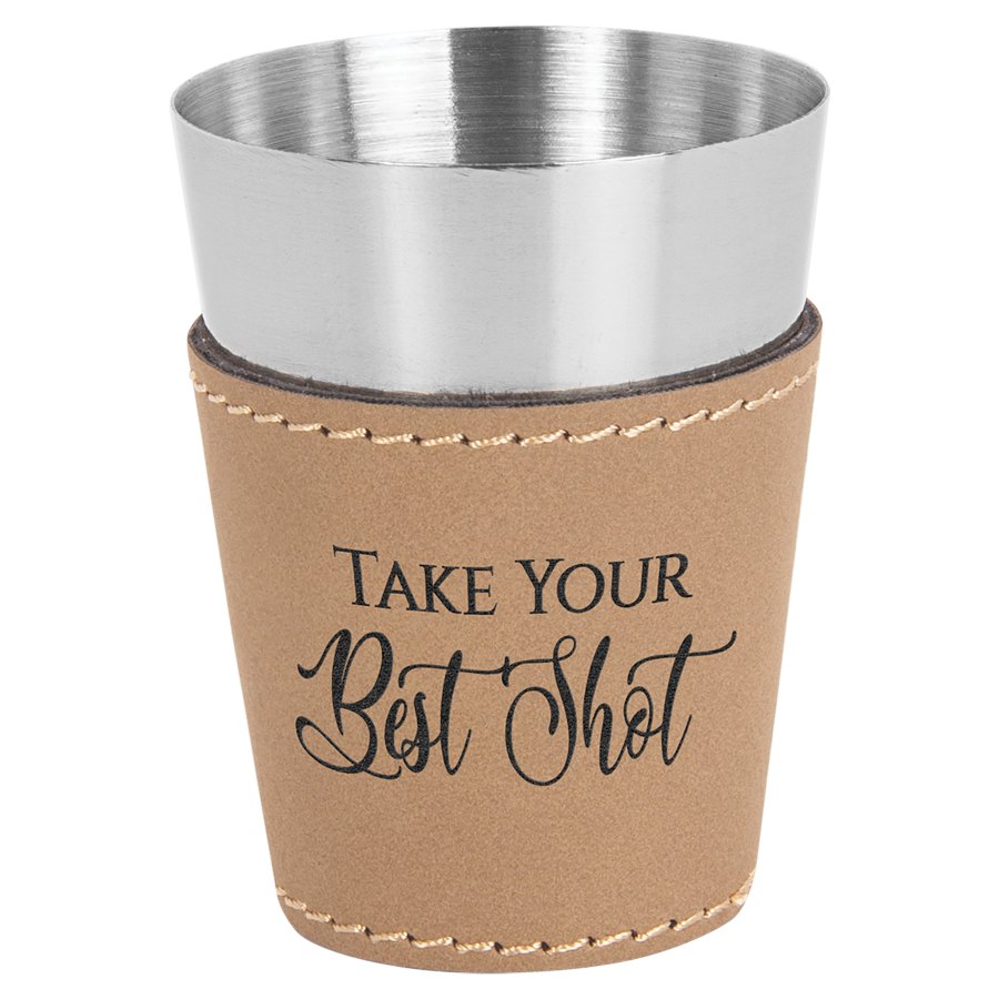 Engraved Leatherette and Stainless Steel Shot Glass - Light Brown