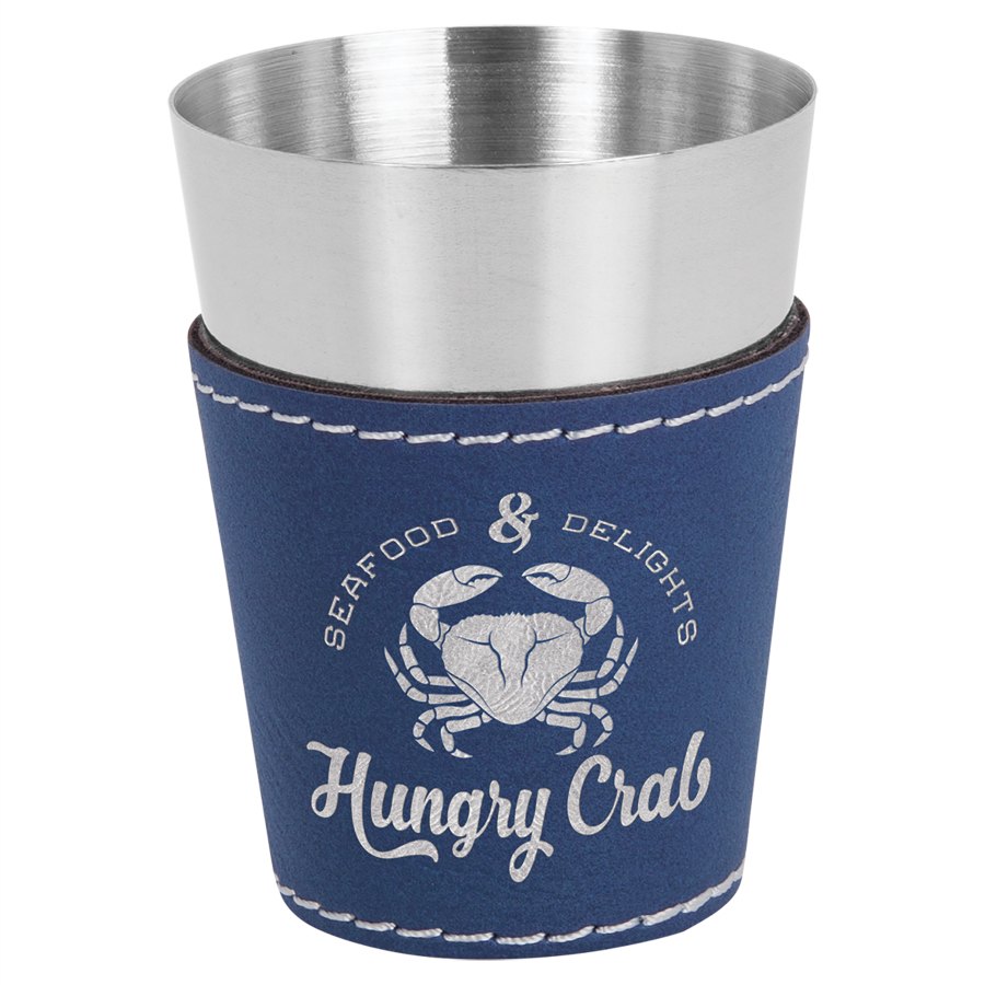 Engraved Leatherette and Stainless Steel Shot Glass - Blue/Silver