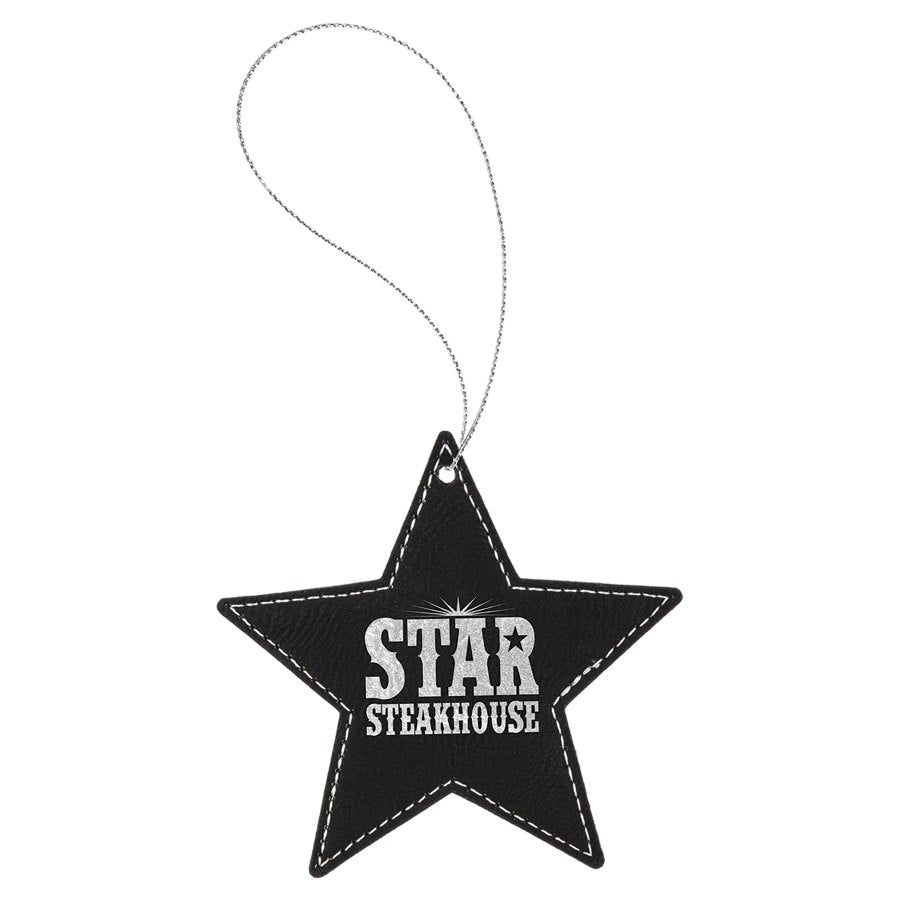 Engraved Leatherette Star Ornament - Black/Silver (Silver String)