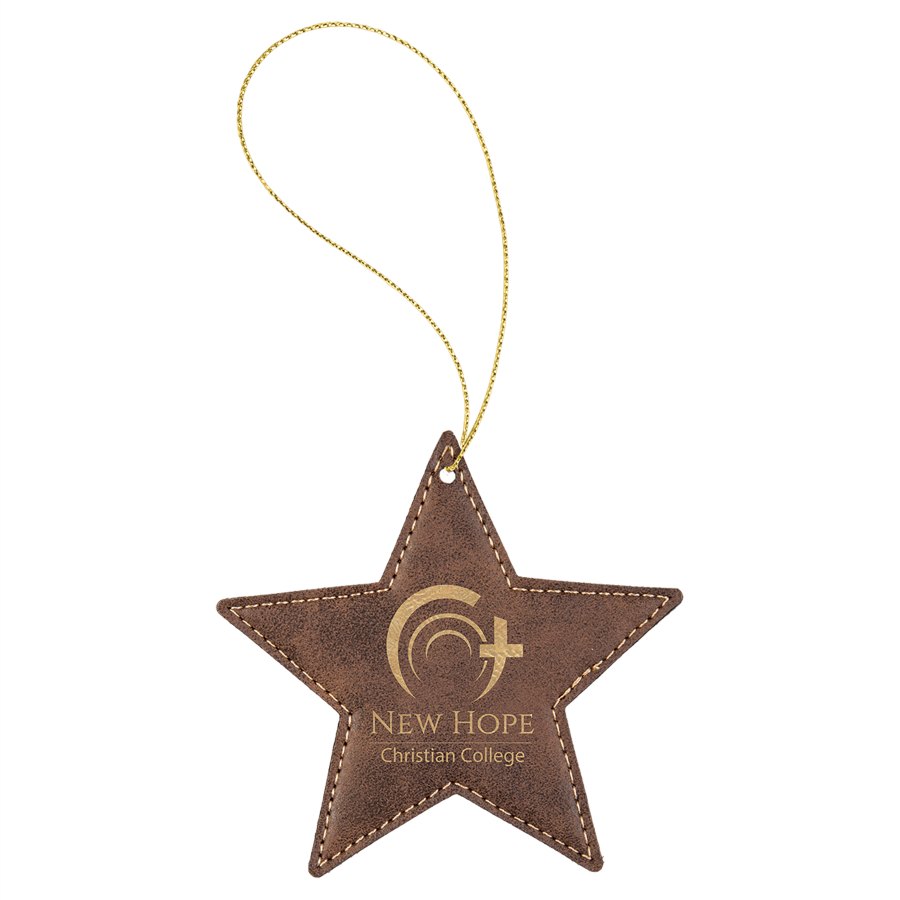 Engraved Leatherette Star Ornament - Rustic/Gold (Gold String)