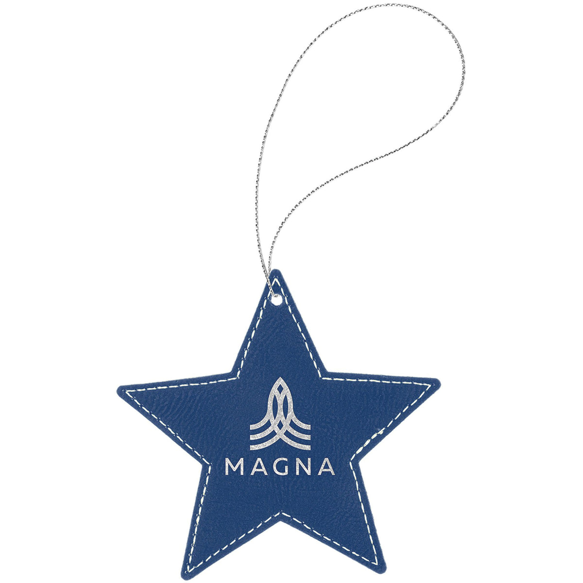 Engraved Leatherette Star Ornament - Blue/Silver (Silver String)
