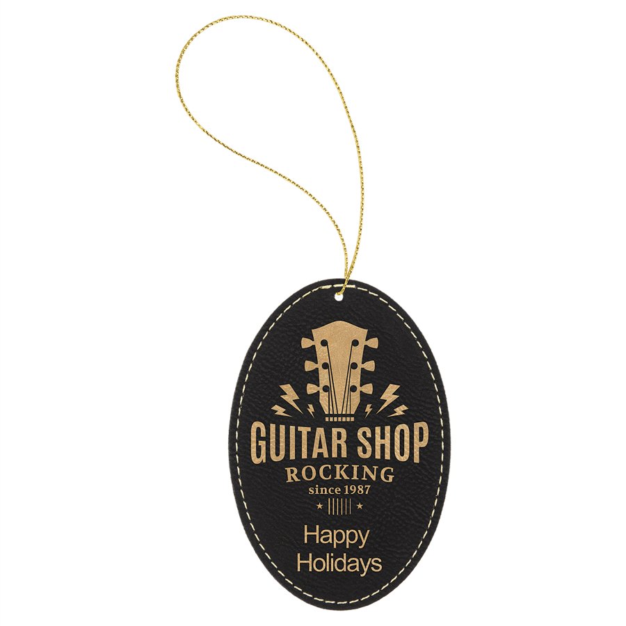 Engraved Leatherette Oval Ornament - Black/Gold (Gold String)