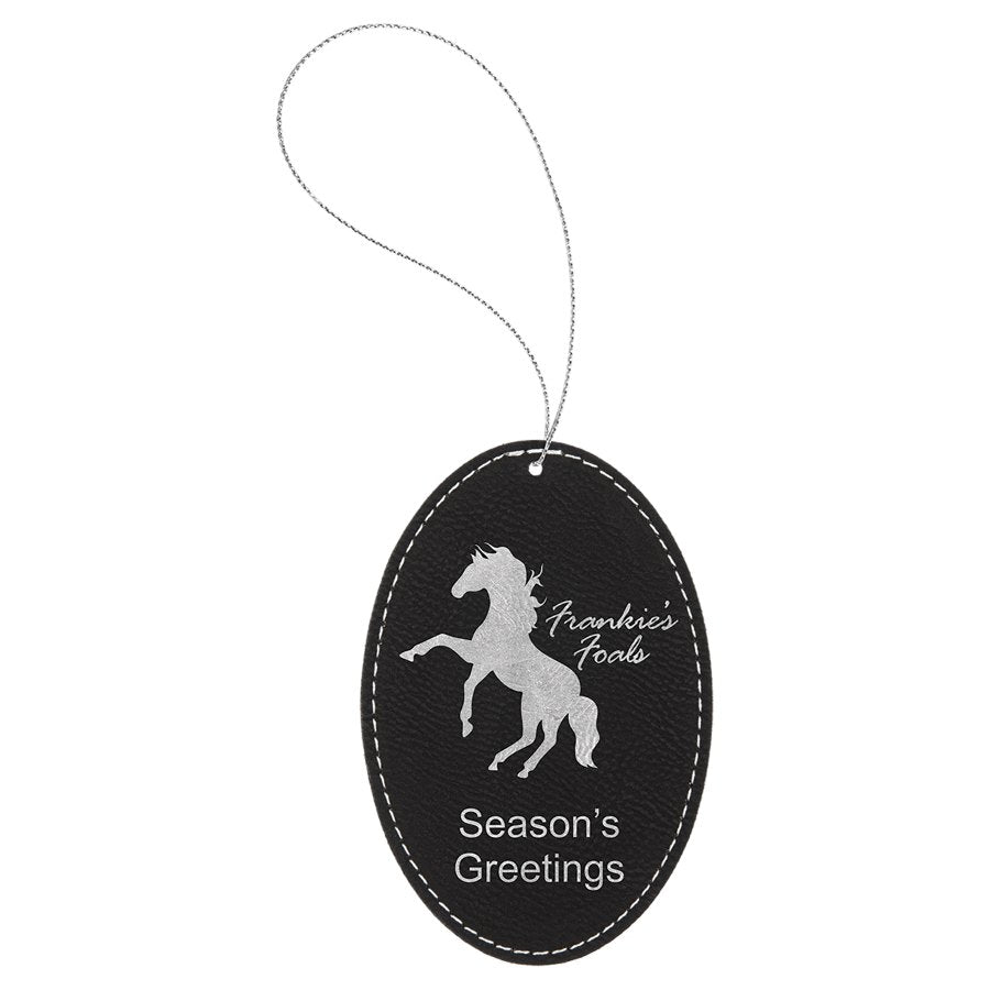 Engraved Leatherette Oval Ornament - Black/Silver (Silver String)
