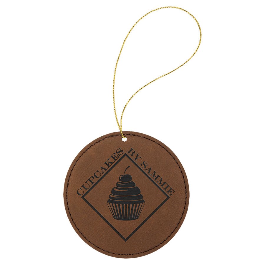 Engraved Leatherette Round Ornament - Dark Brown (Gold String)