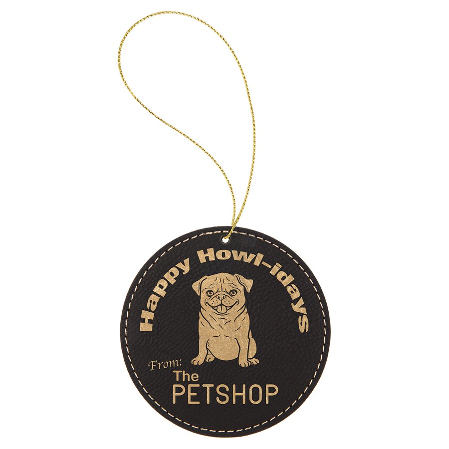 Engraved Leatherette Round Ornament - Black/Gold (Gold String)
