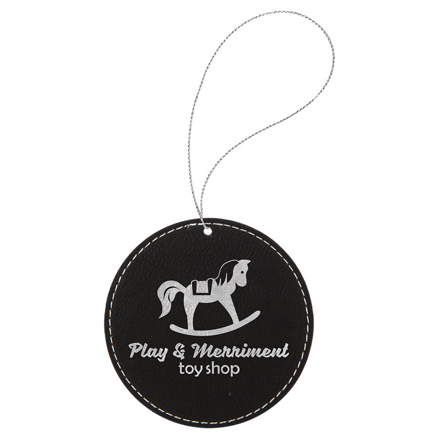 Engraved Leatherette Round Ornament - Black/Silver (Silver String)