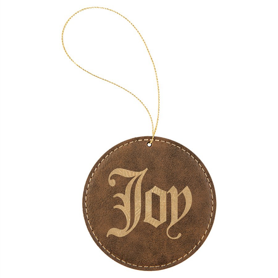 Engraved Leatherette Round Ornament - Rustic/Gold (Gold String)