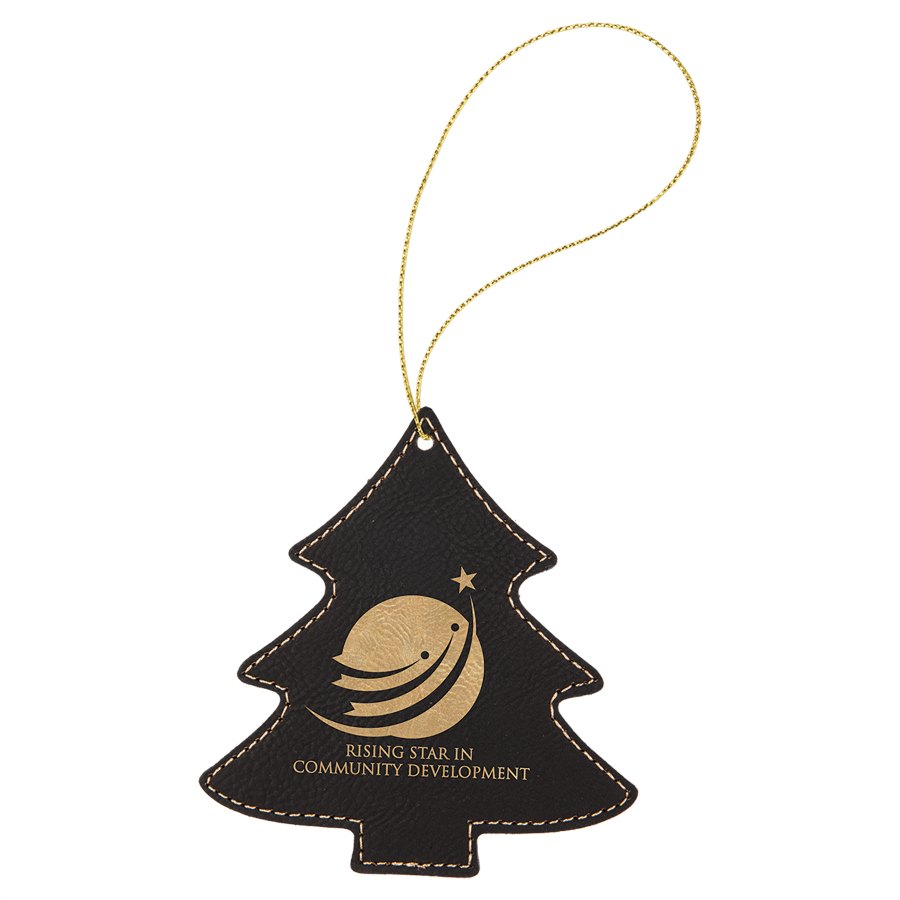 Engraved Leatherette Tree Ornament - Black/Gold (Gold String)