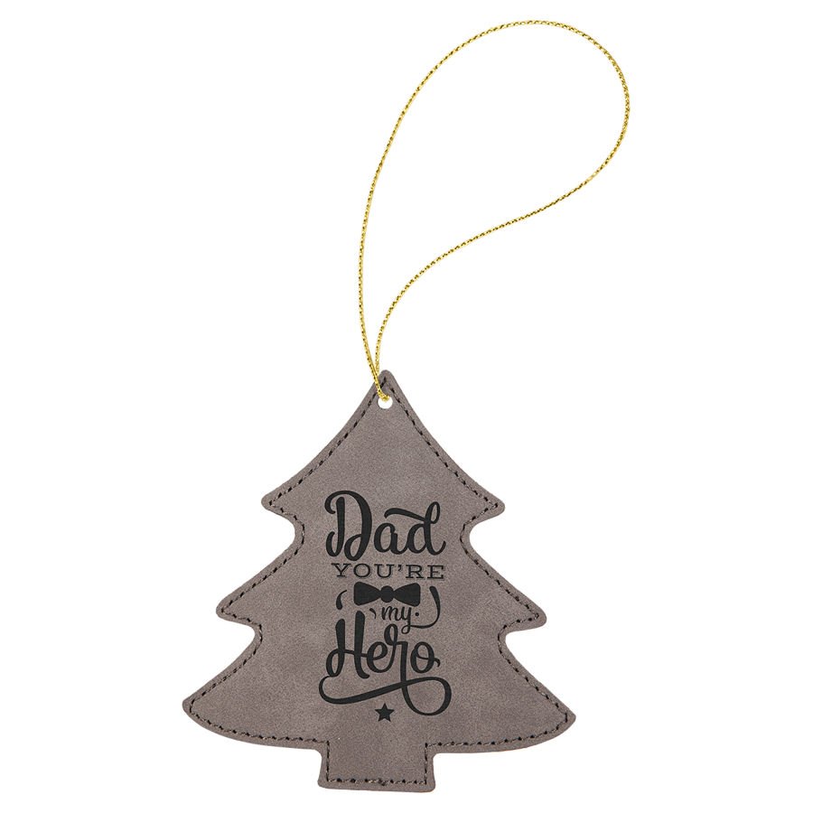 Engraved Leatherette Tree Ornament - Gray (Gold String)
