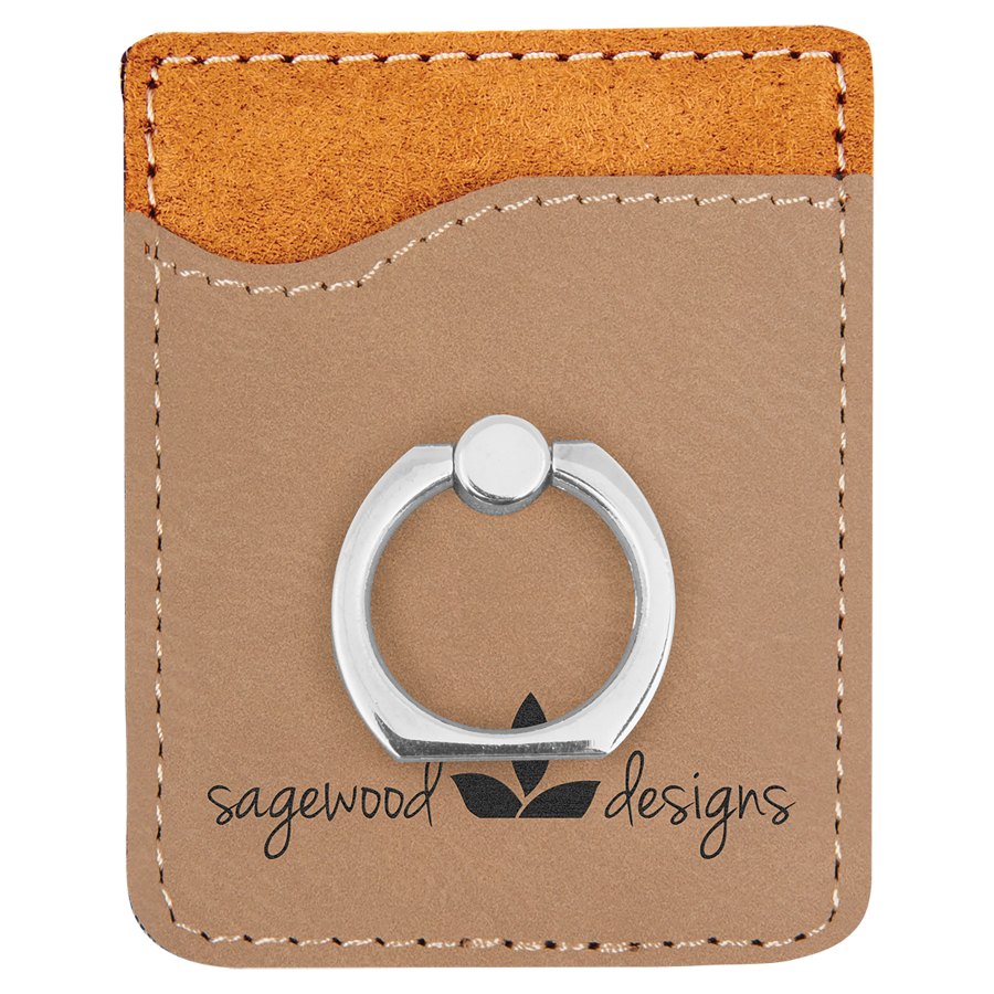 Engraved Leatherette Phone Wallet with Ring - Light Brown (Silver Ring)