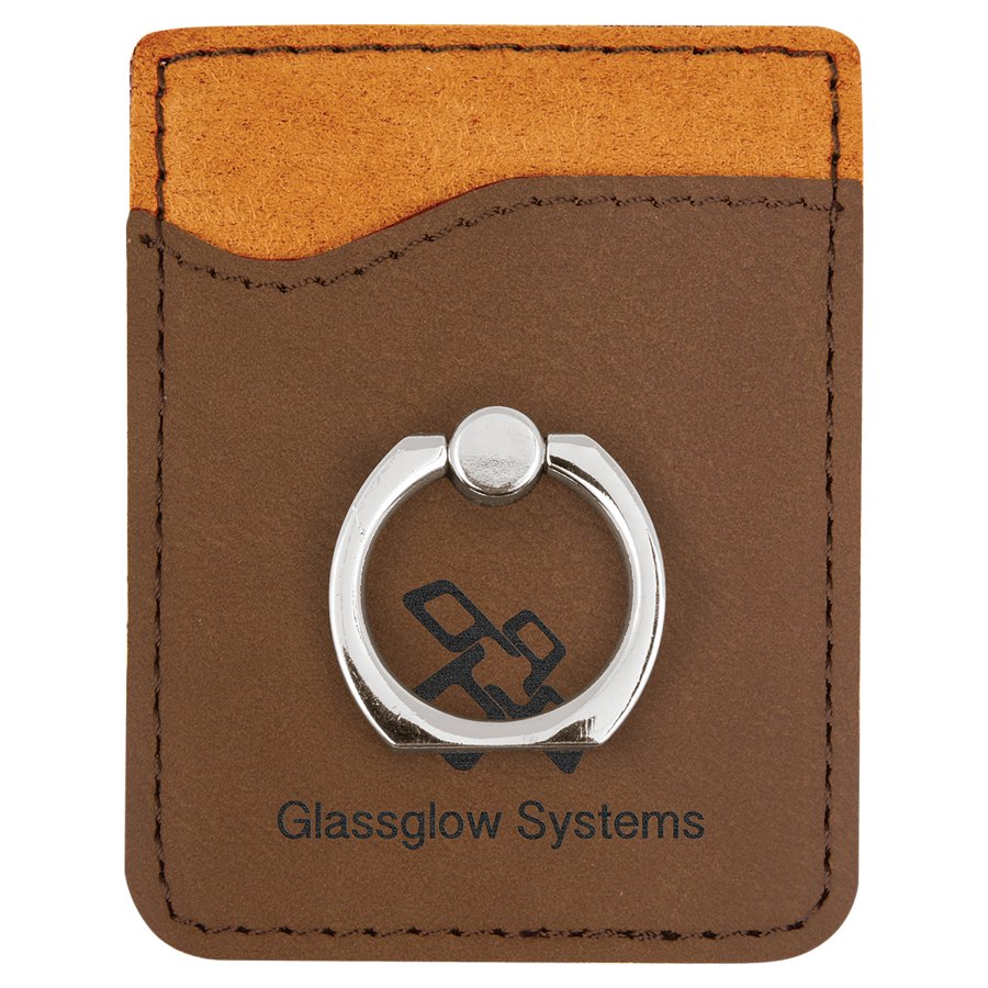 Engraved Leatherette Phone Wallet with Ring - Dark Brown (Silver Ring)