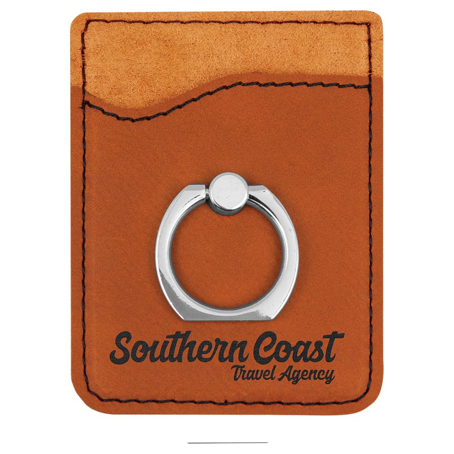 Engraved Leatherette Phone Wallet with Ring - Rawhide (Silver Ring)