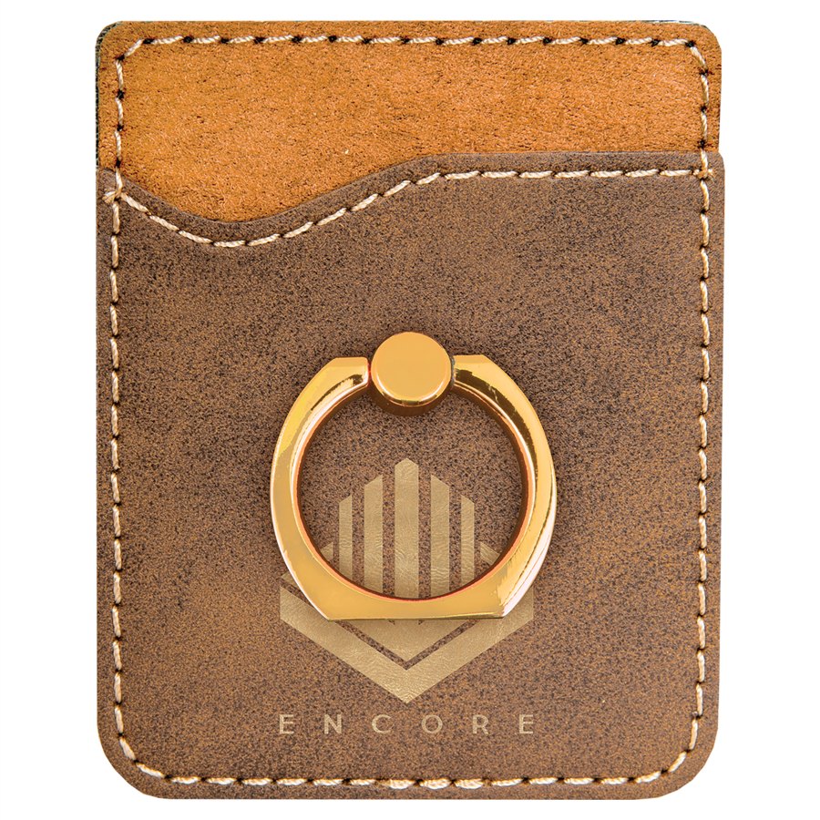 Engraved Leatherette Phone Wallet with Ring - Rustic/Gold (Gold Ring)