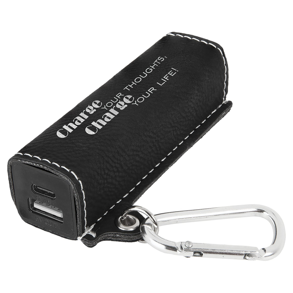 Engraved Leatherette 2200 mAh Power Bank - Black/Silver / USB-C