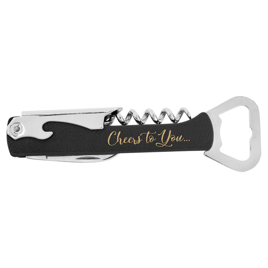Engraved Leatherette Wine Bottle Opener - Black/Gold
