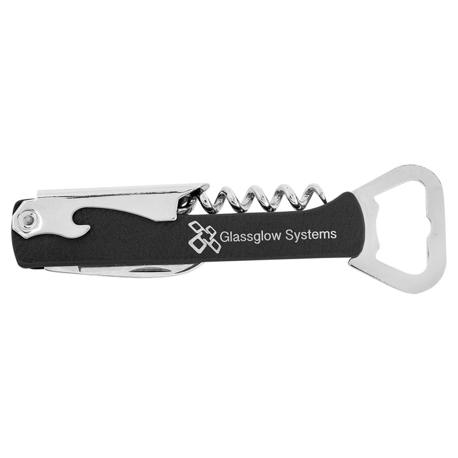 Engraved Leatherette Wine Bottle Opener - Black/Silver