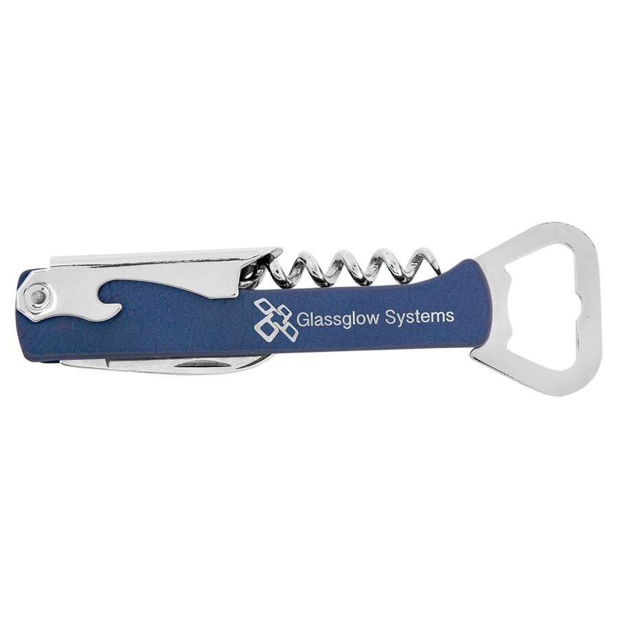 Engraved Leatherette Wine Bottle Opener - Blue/Silver