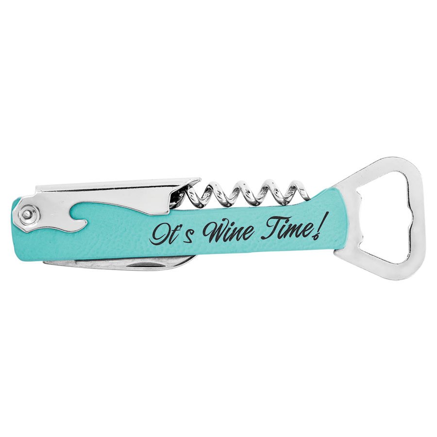 Engraved Leatherette Wine Bottle Opener - Teal