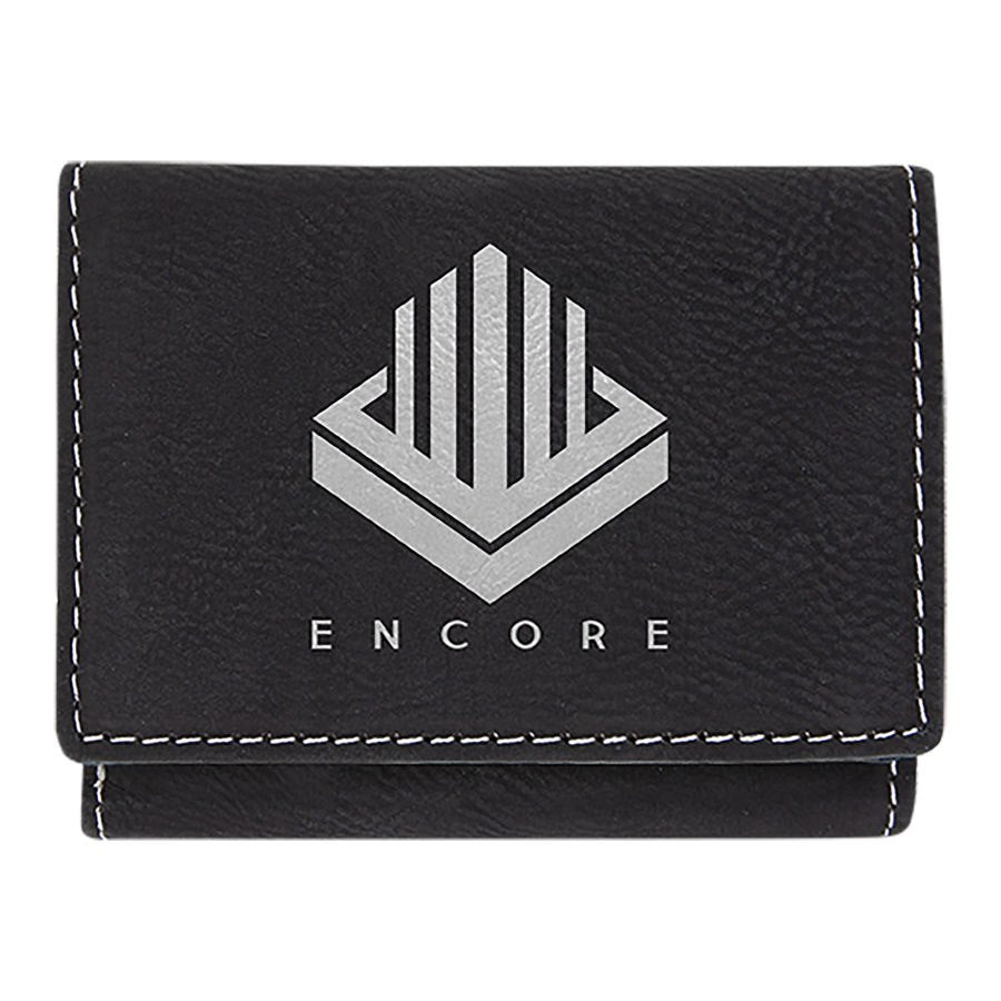 Engraved Leatherette Trifold Wallet - Black/Silver
