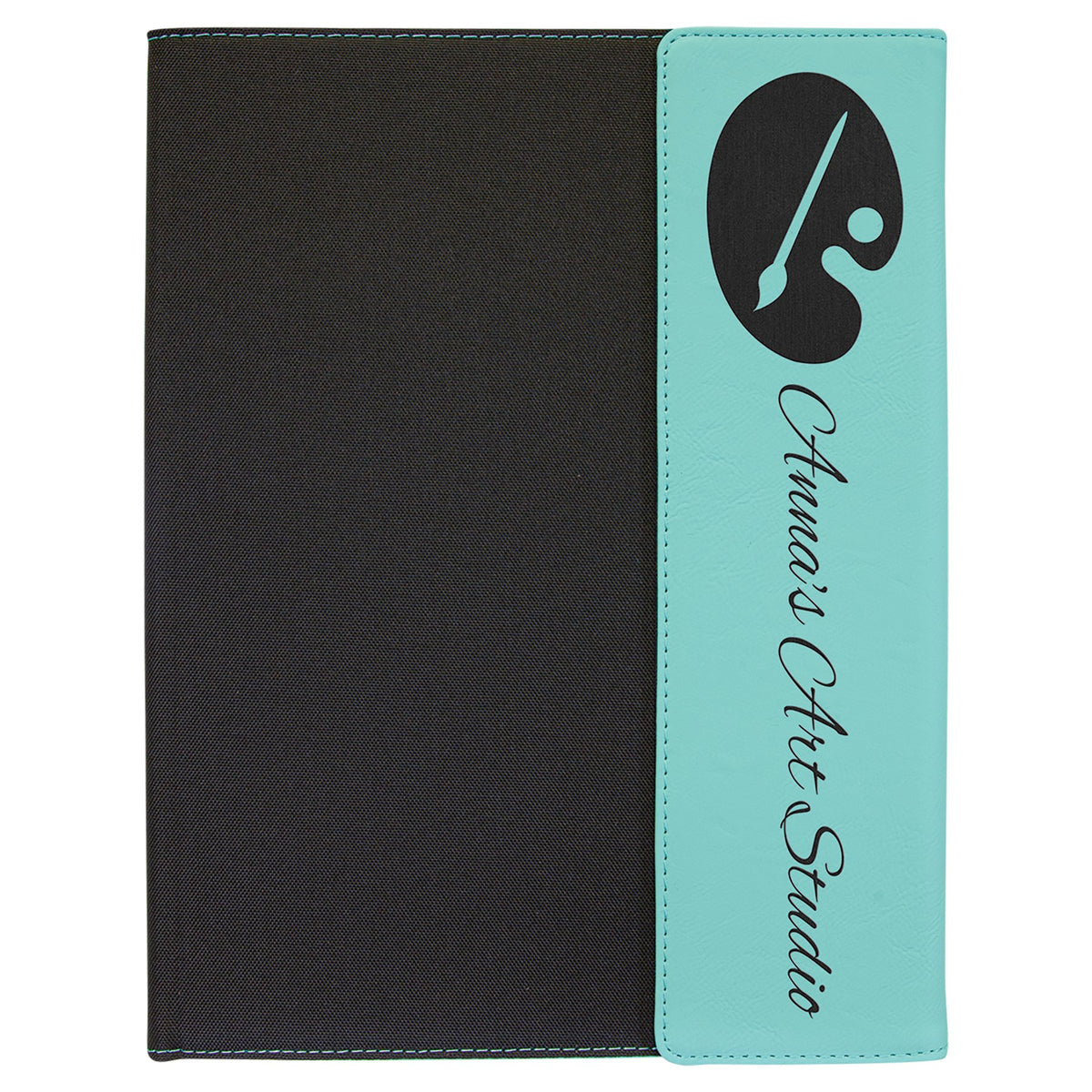 Engraved Leatherette and Canvas Portfolio with Notepad - Teal (Black Canvas) / 9 1/2 x 12 in