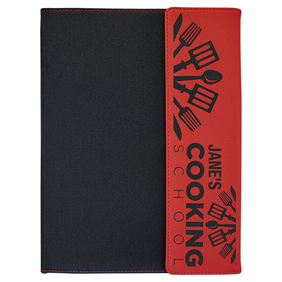 Engraved Leatherette and Canvas Portfolio with Notepad - Red (Black Canvas) / 9 1/2 x 12 in