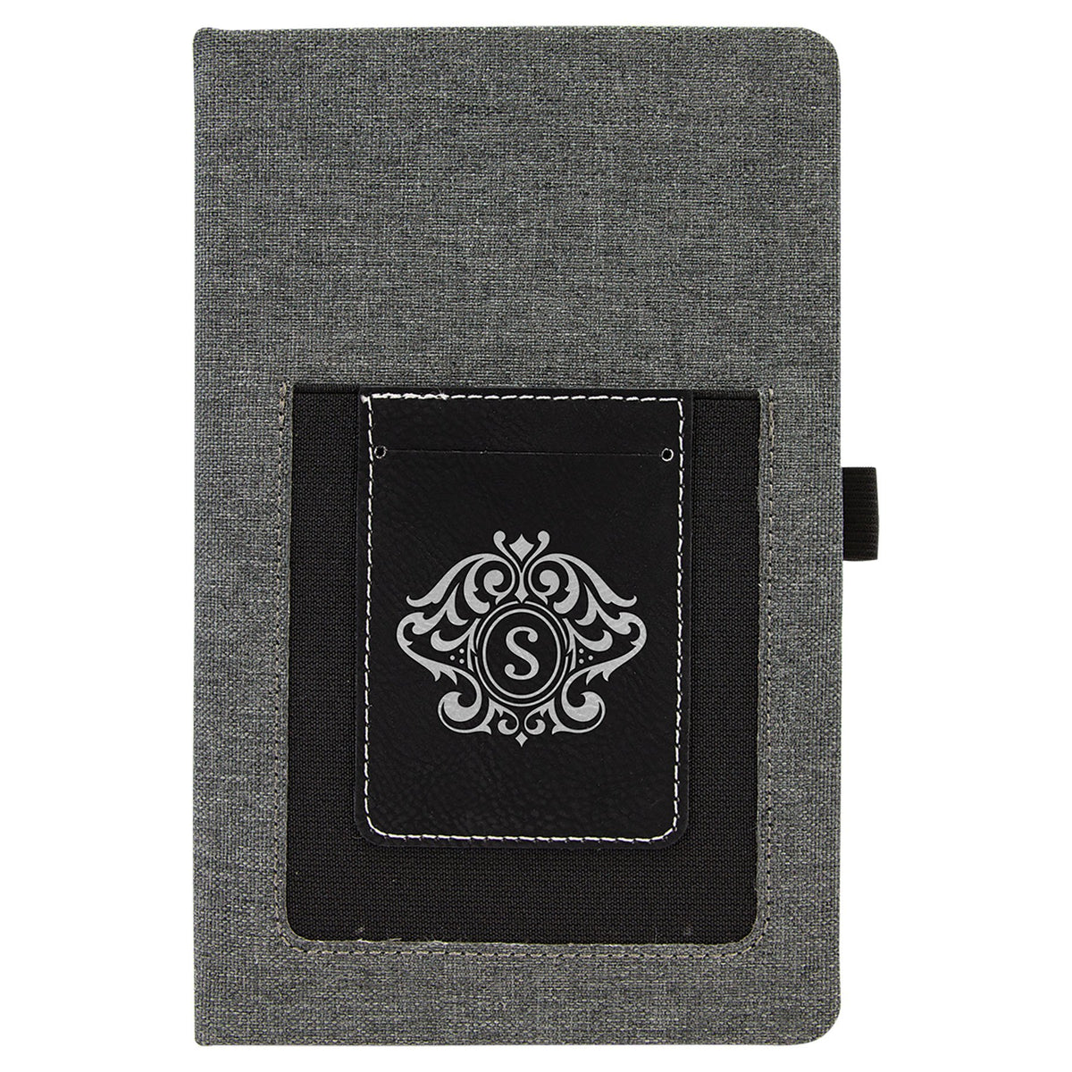 Engraved Leatherette Journal with Cell and Card Slot - Gray with Black