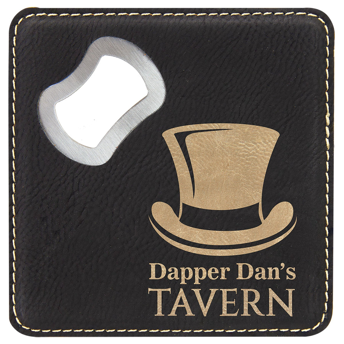 Engraved Square Leatherette Bottle Opener Coaster - Black/Gold