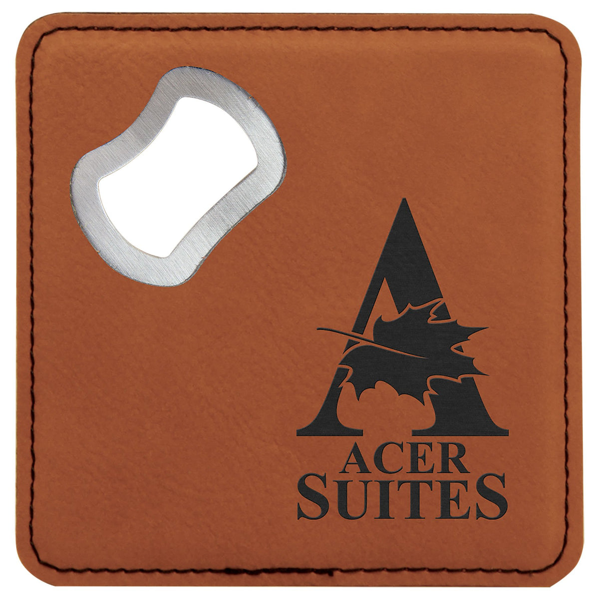 Engraved Square Leatherette Bottle Opener Coaster - Rawhide
