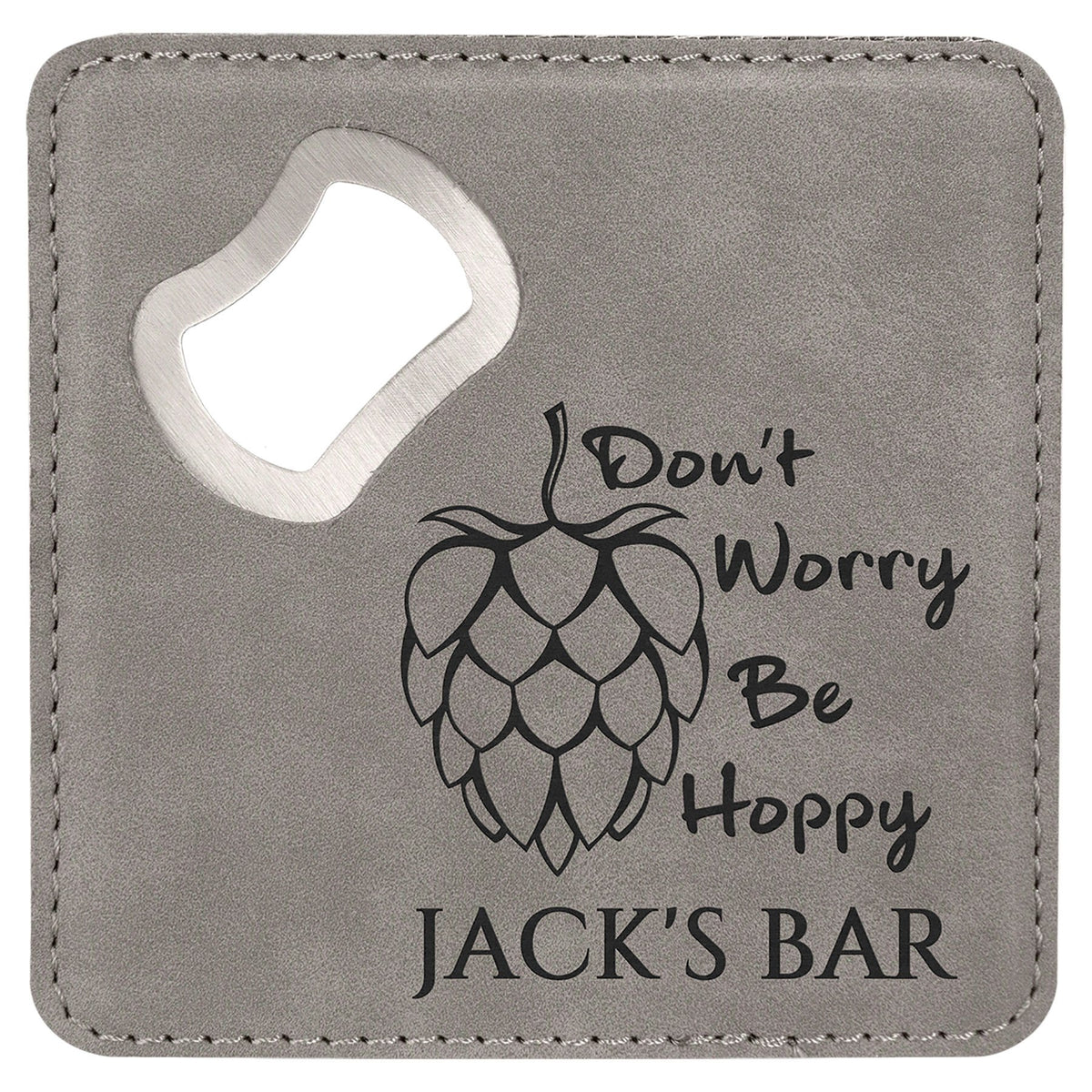 Engraved Square Leatherette Bottle Opener Coaster - Gray