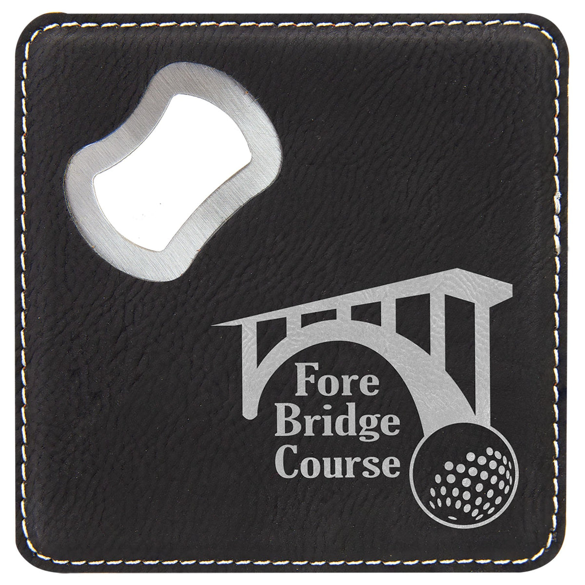 Engraved Square Leatherette Bottle Opener Coaster - Black/Silver