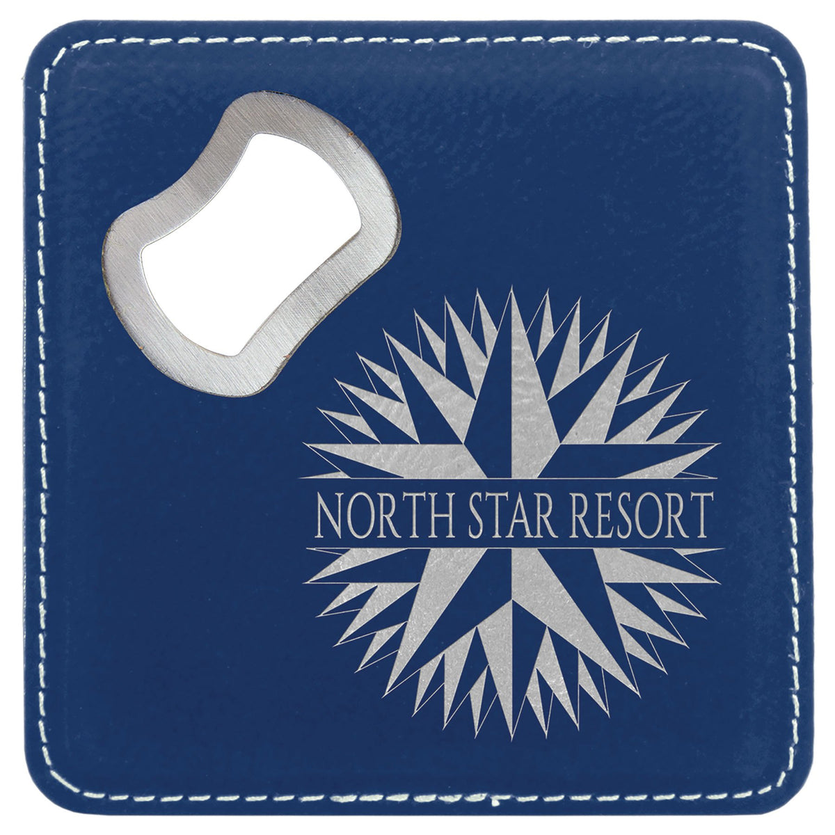 Engraved Square Leatherette Bottle Opener Coaster - Blue/Silver