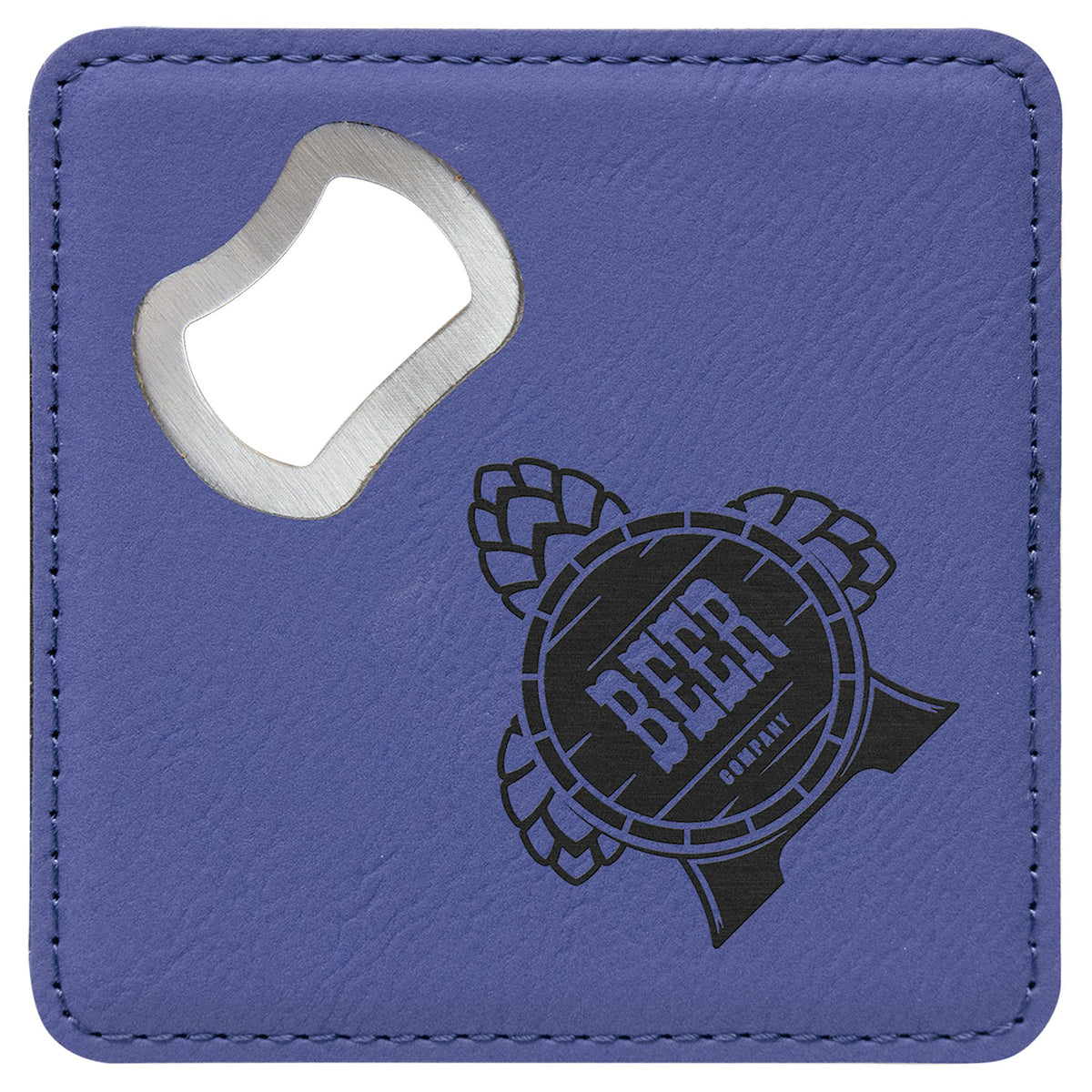 Engraved Square Leatherette Bottle Opener Coaster - Purple