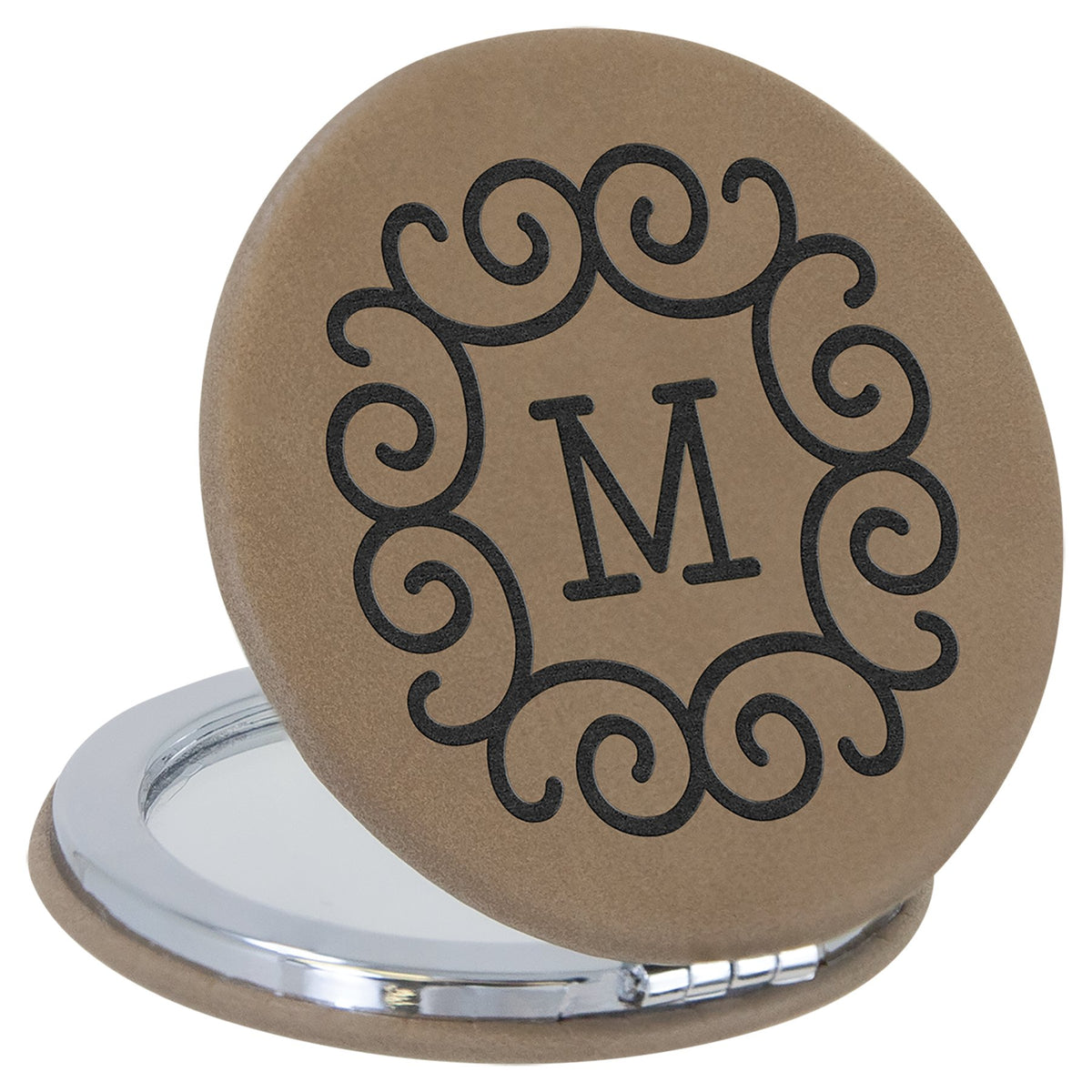 Engraved Leatherette Compact Mirror - Light Brown