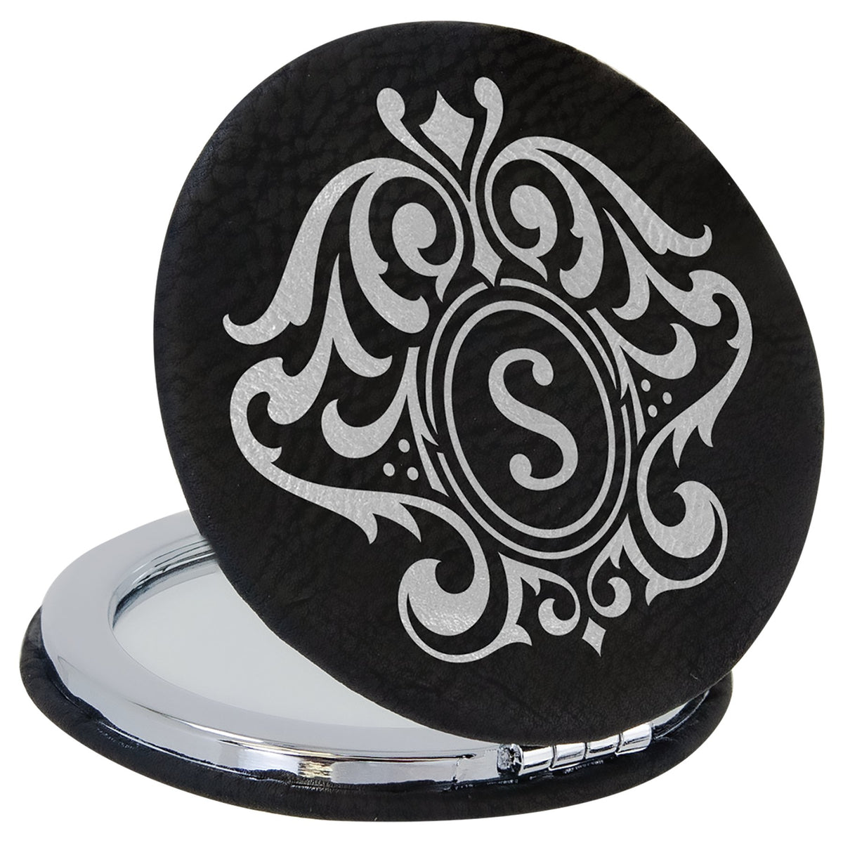 Engraved Leatherette Compact Mirror - Black/Silver