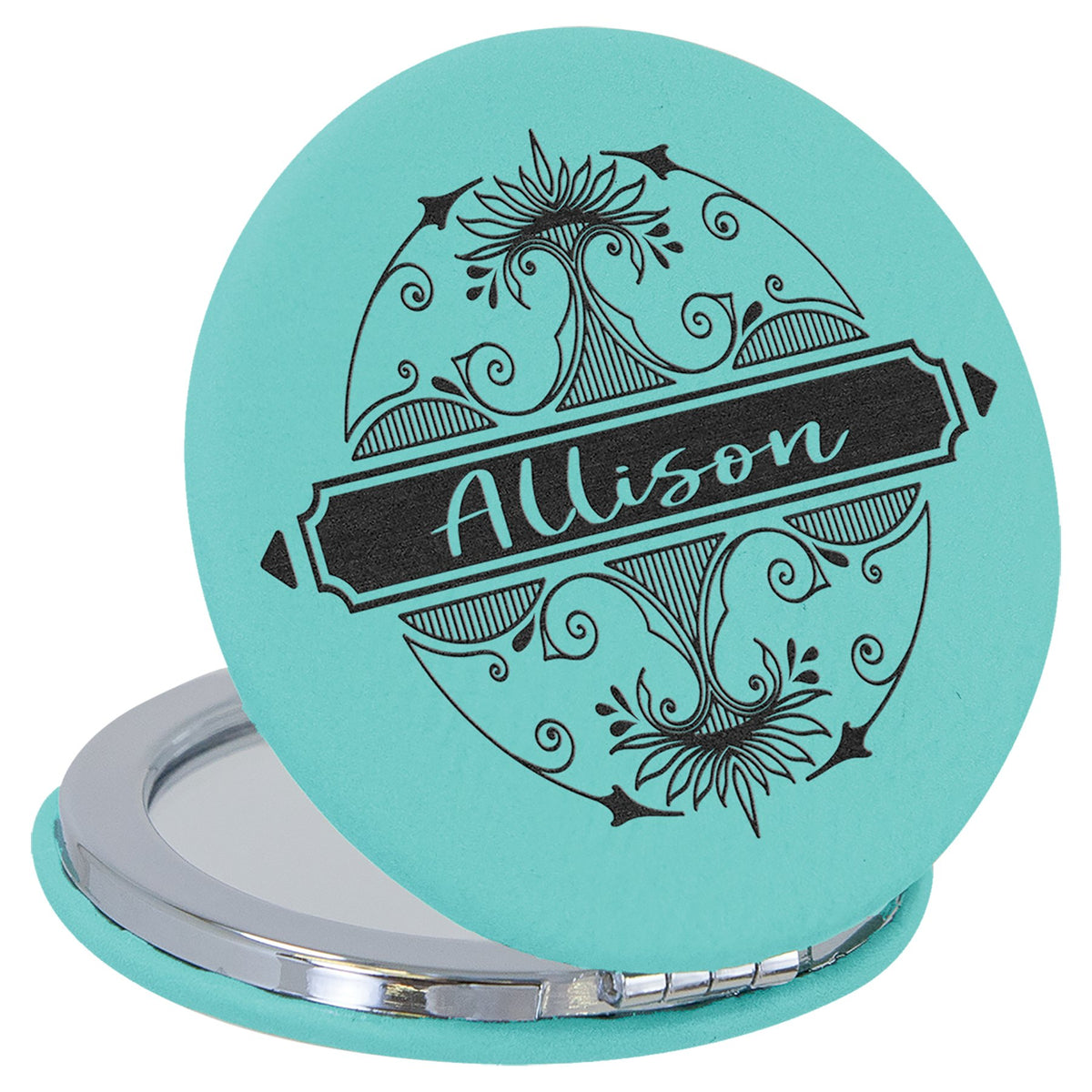 Engraved Leatherette Compact Mirror - Teal