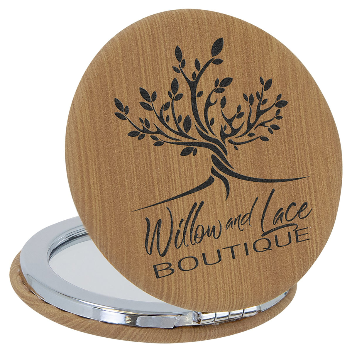 Engraved Leatherette Compact Mirror - Bamboo