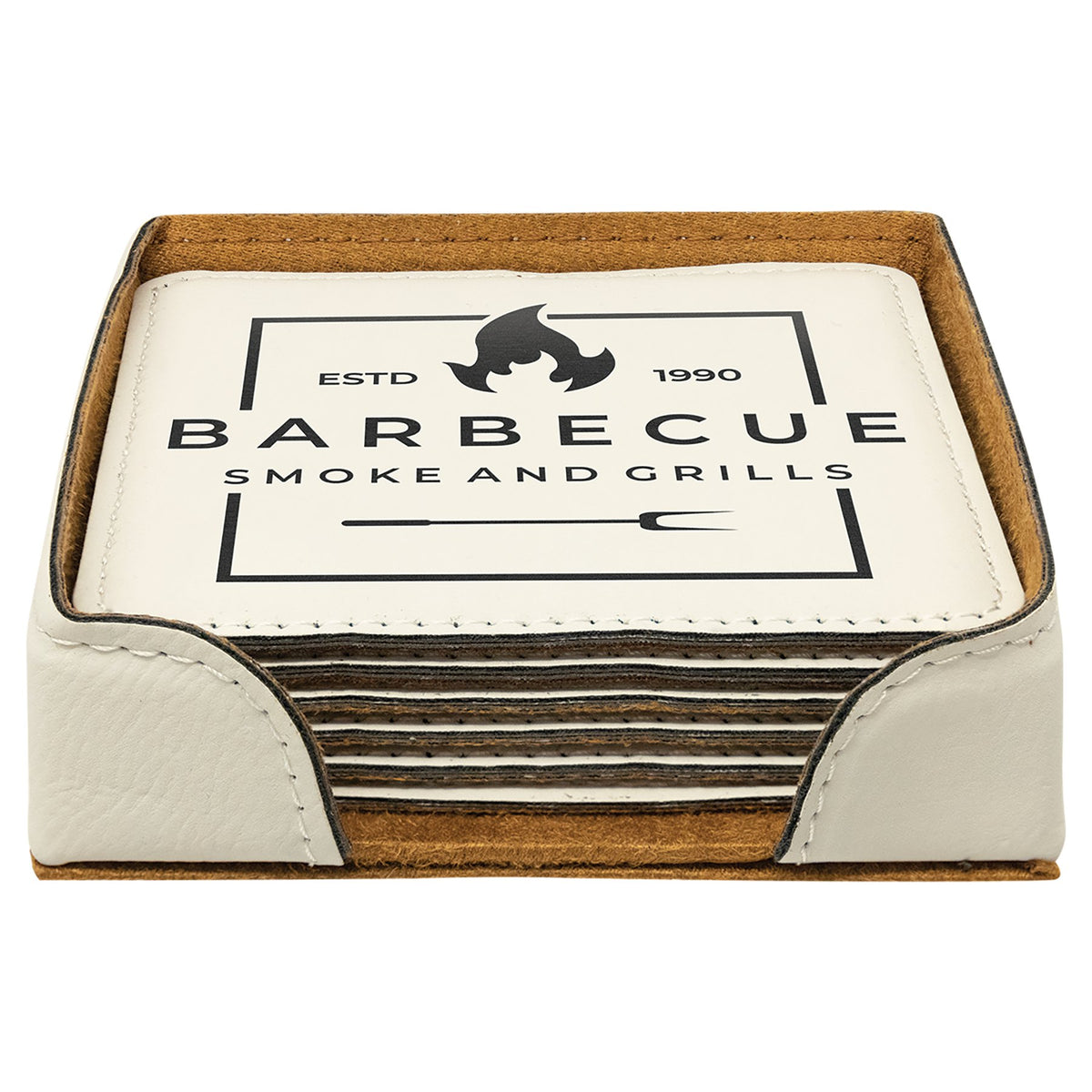Engraved Square Leatherette 6-Coaster Set - White