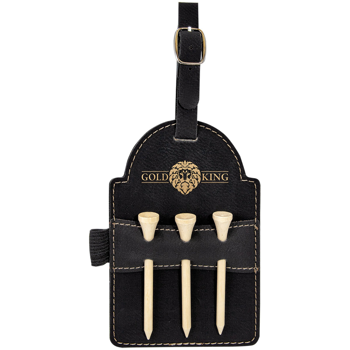 Engraved Leatherette Golf Bag Tag with 3 Wooden Tees - Black/Gold