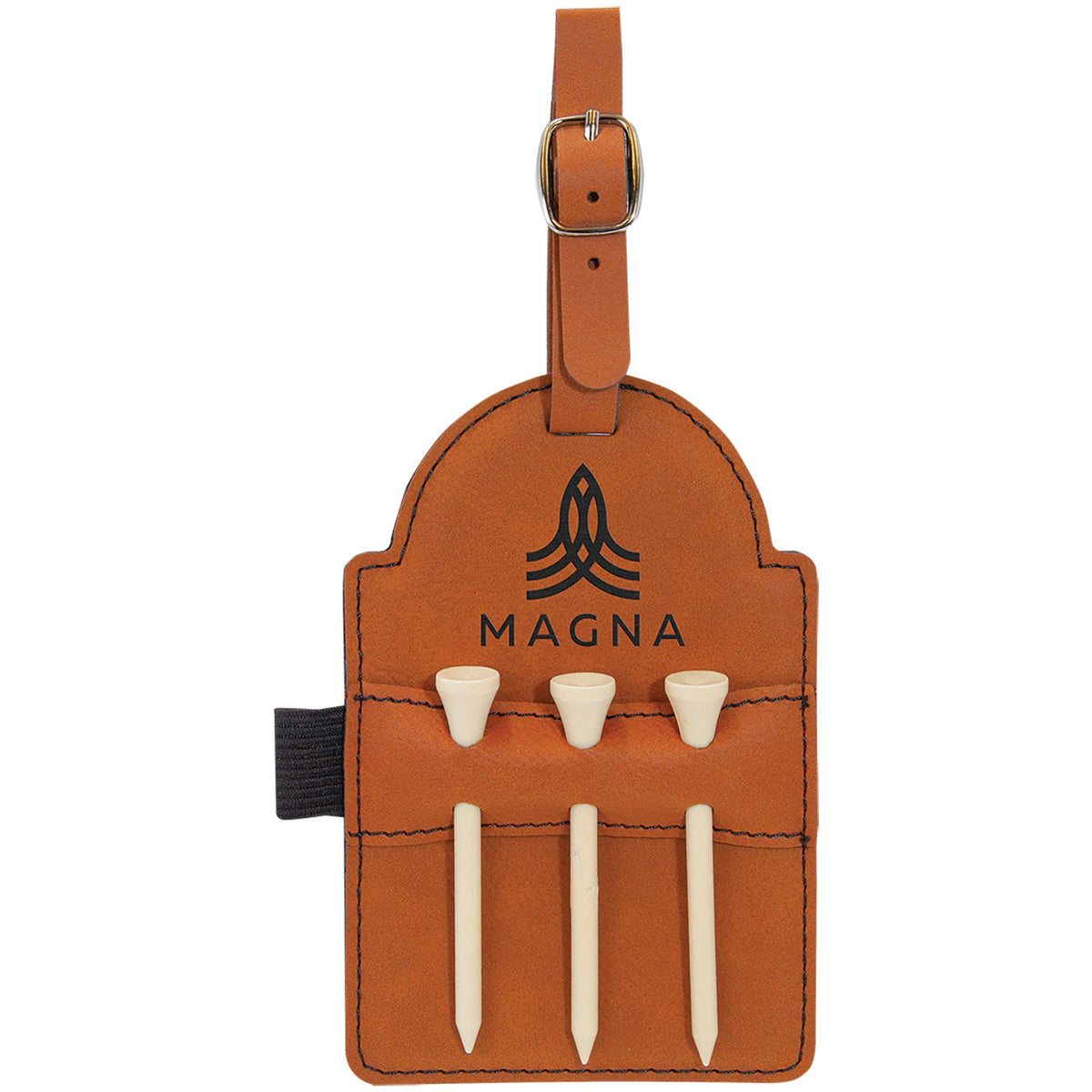 Engraved Leatherette Golf Bag Tag with 3 Wooden Tees - Rawhide