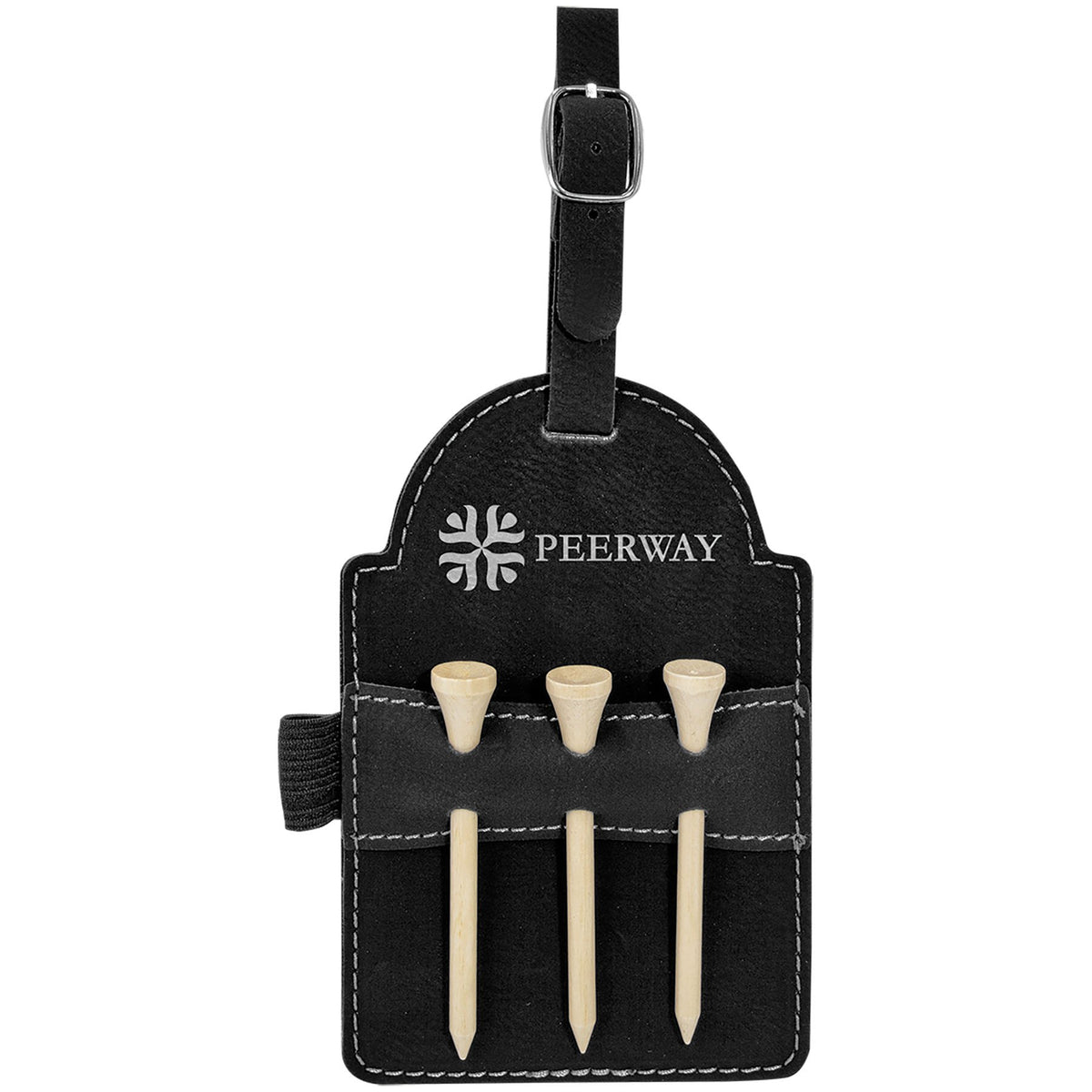 Engraved Leatherette Golf Bag Tag with 3 Wooden Tees - Black/Silver